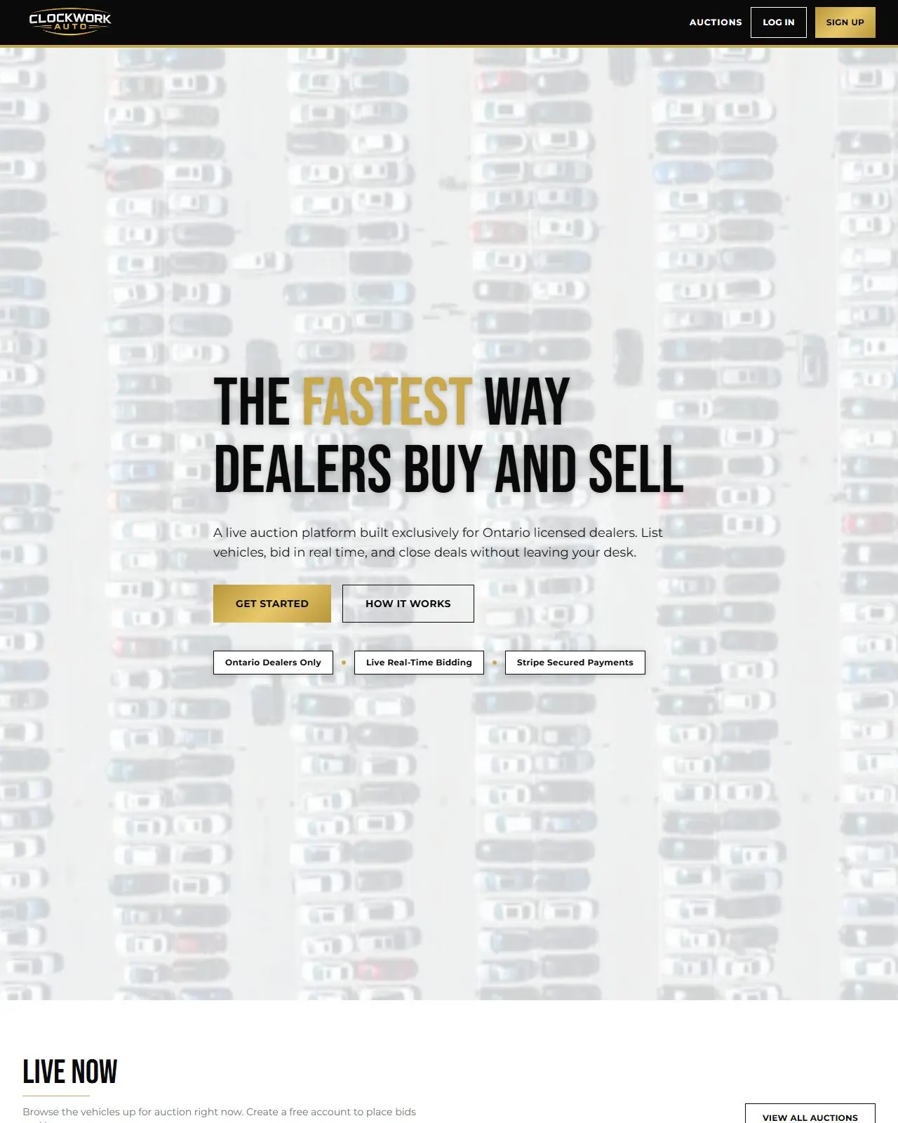 Clockwork Auto Auctions homepage with the headline The fastest way dealers buy and sell over an aerial car lot photo