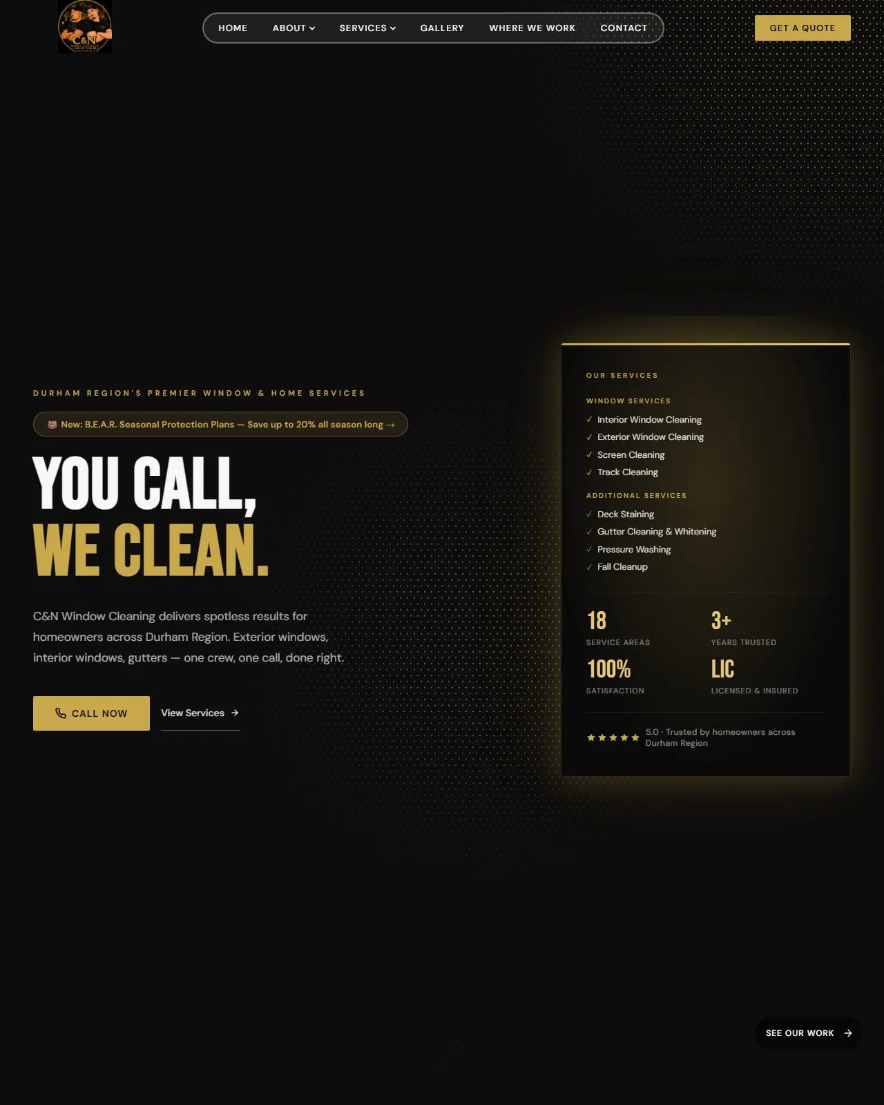 C&N Window Cleaning homepage with the headline You call, we clean in white and gold on black