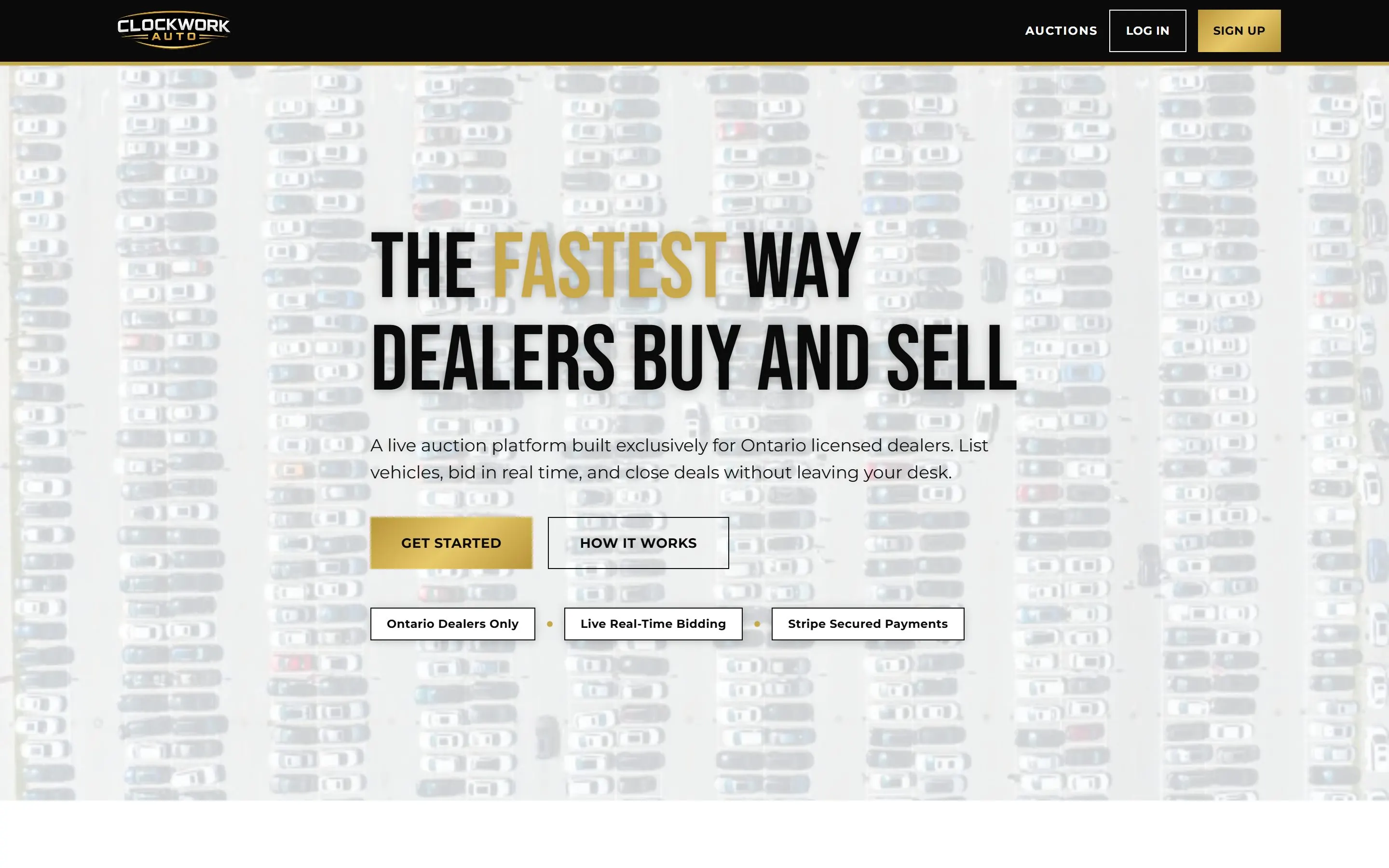 Clockwork Auto Auctions homepage with the headline The fastest way dealers buy and sell over an aerial car lot photo