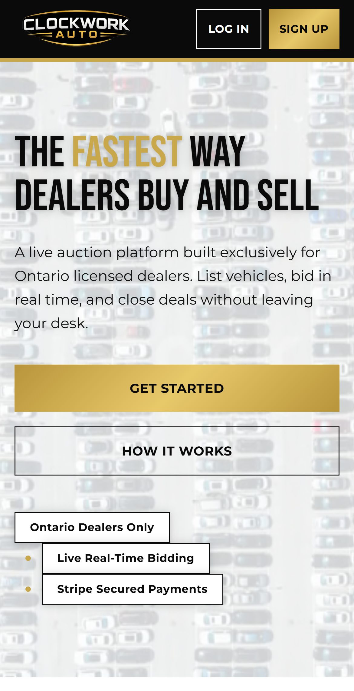 Clockwork Auto Auctions homepage — “The fastest way dealers buy and sell” over an aerial car-lot photo