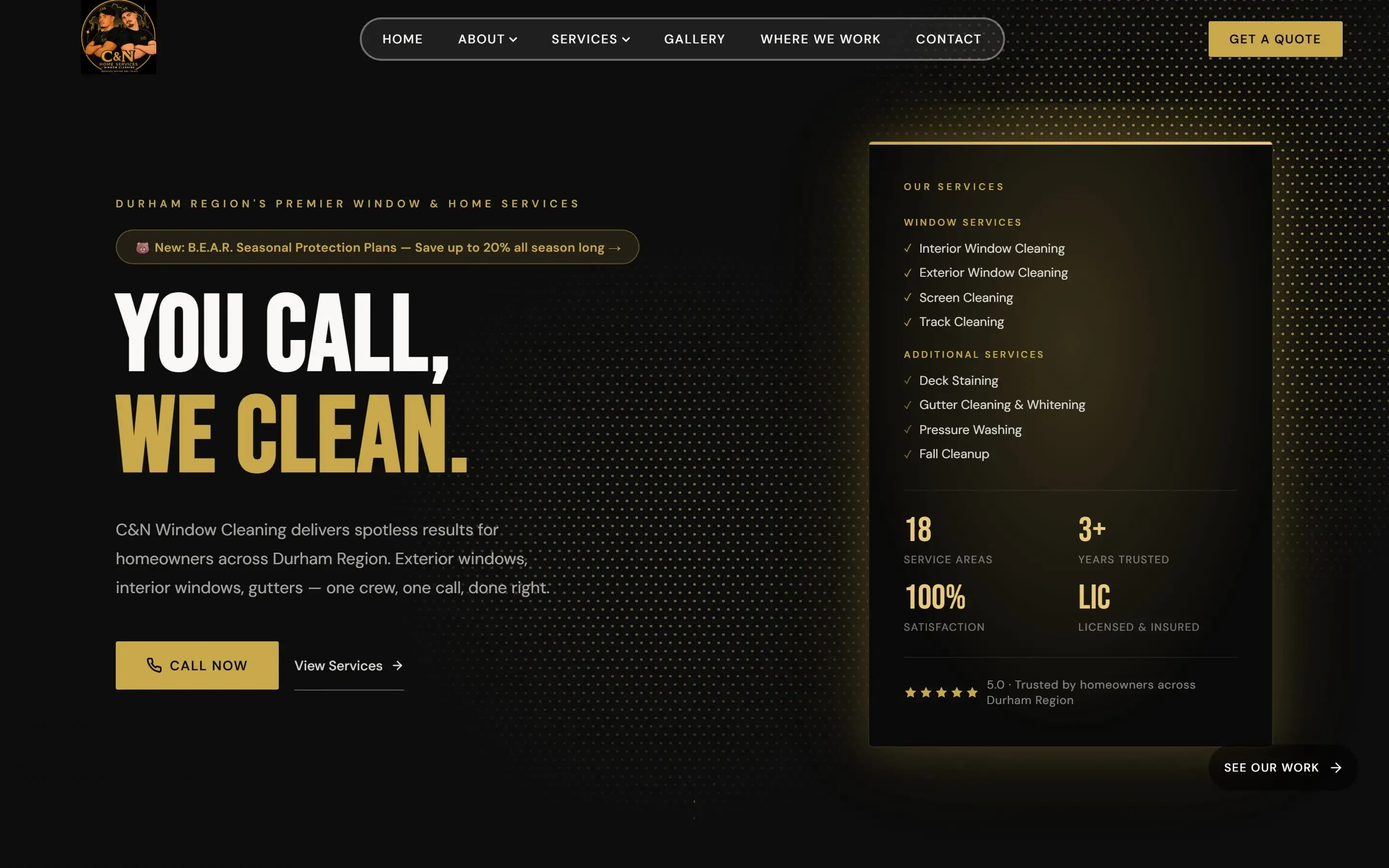 C&N Window Cleaning homepage with the headline You call, we clean in white and gold on black