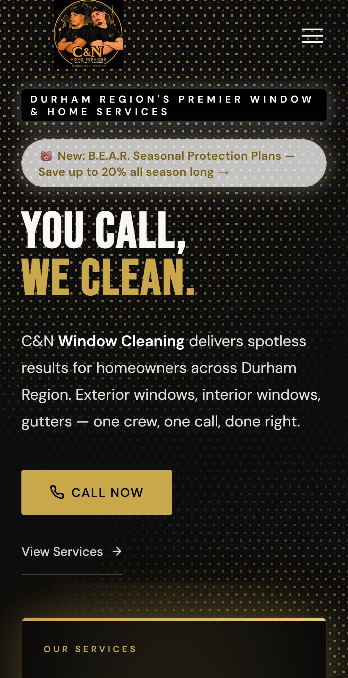 C&N Window Cleaning homepage — “You call, we clean.” in white and gold on black